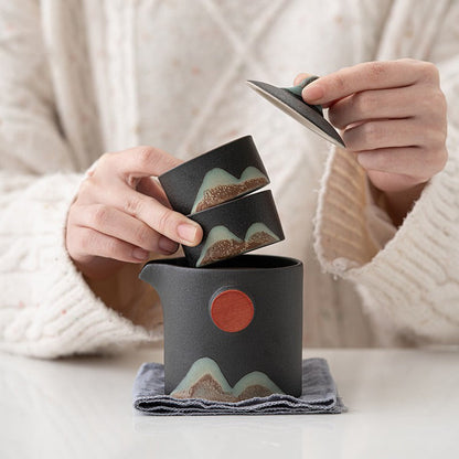 Travel Tea Set Japanese Mountain Sun Coarse Pottery 230ml & Bag
