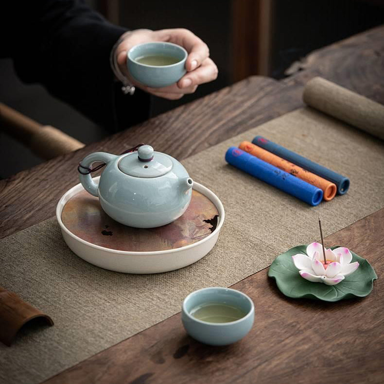 Geyao Ceramic Tea Set with Lotus Incense Holder