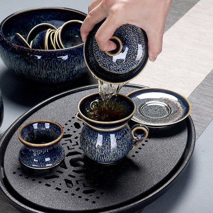 Jian Zhan Tea Set Starry Sky Glaze Teapot 6 Cups Gaiwan