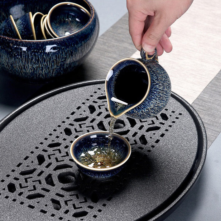 Jian Zhan Tea Set Starry Sky Glaze Teapot 6 Cups Gaiwan