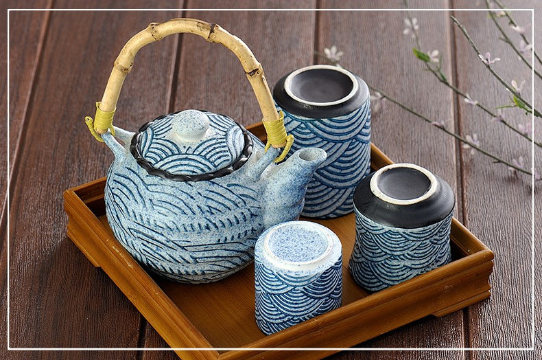 Kiyomizu-Yaki Tea Set Japanese Sea Wave Bamboo Handle Teapot