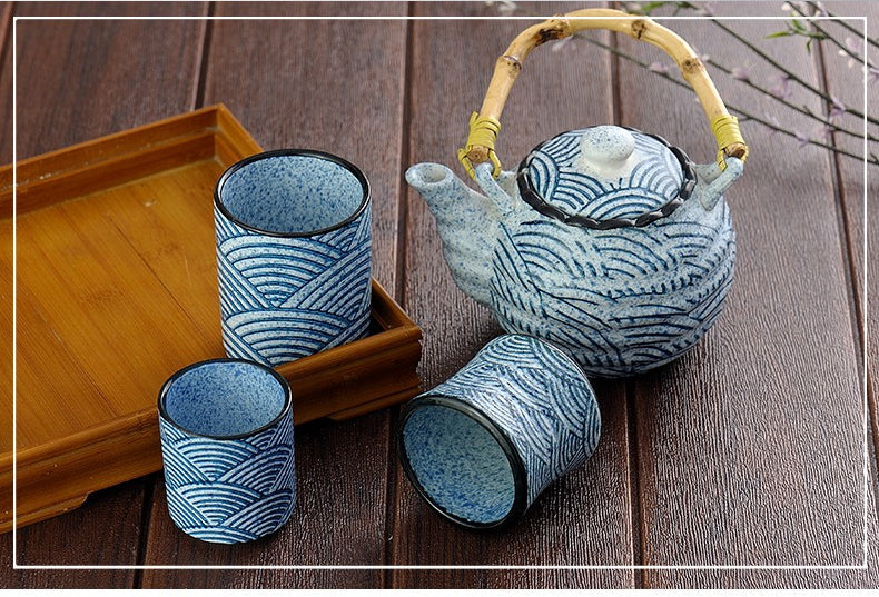 Kiyomizu-Yaki Tea Set Japanese Sea Wave Bamboo Handle Teapot
