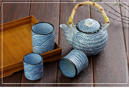Kiyomizu-Yaki Tea Set Japanese Sea Wave Bamboo Handle Teapot