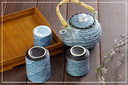 Kiyomizu-Yaki Tea Set Japanese Sea Wave Bamboo Handle Teapot