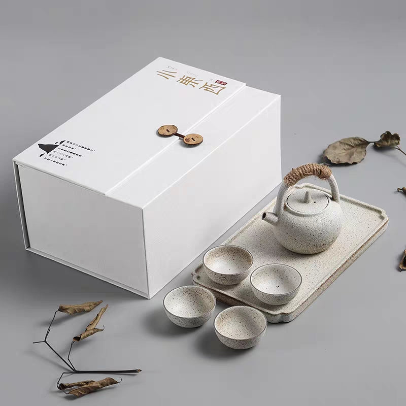 Tea Set with Tray Wabi-Sabi White Clay Japanese 8-Piece
