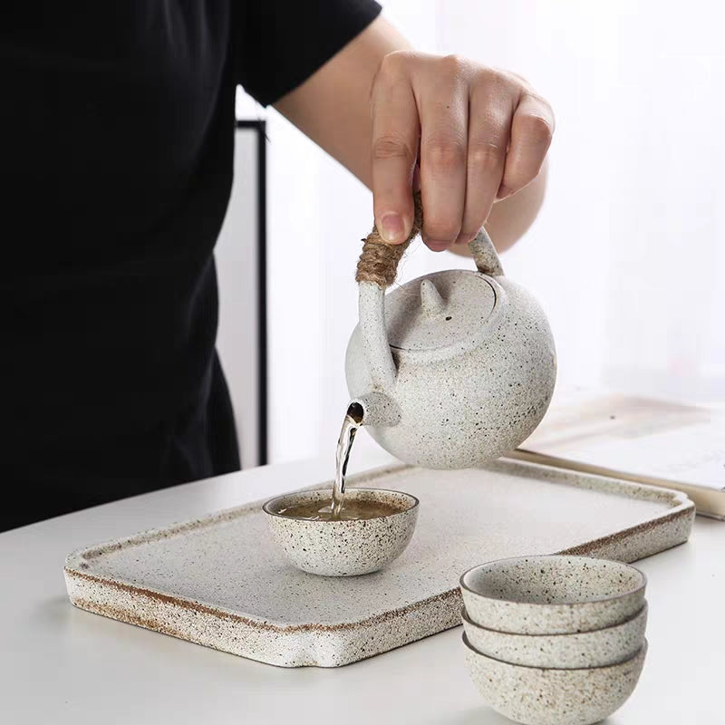 Tea Set with Tray Wabi-Sabi White Clay Japanese 8-Piece
