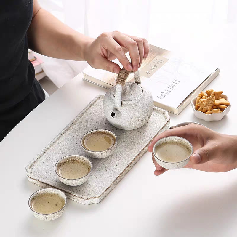 Tea Set with Tray Wabi-Sabi White Clay Japanese 8-Piece