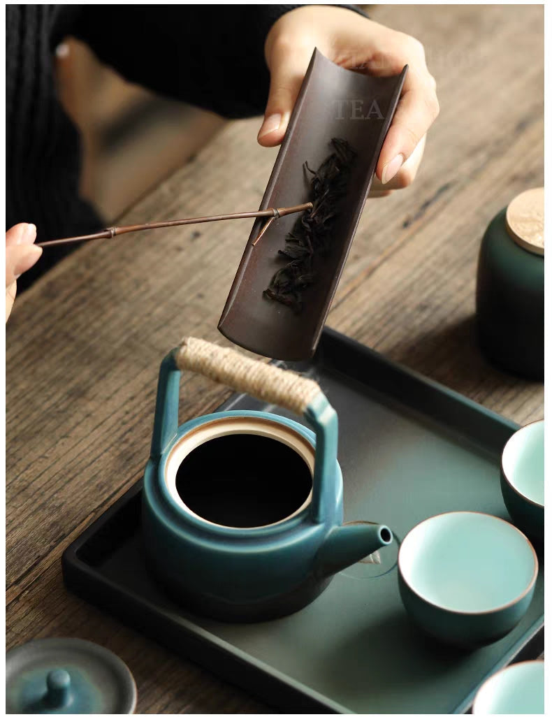 Japanese Tea Set Cyan Ceramic 8-Piece Hemp Rope Teapot 200ml