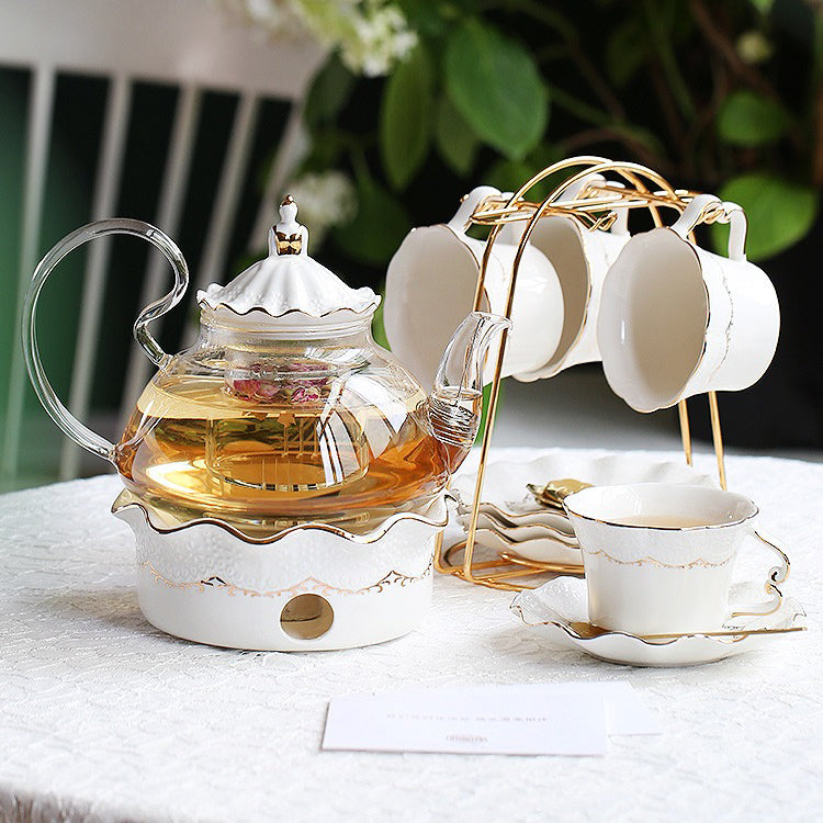 British Afternoon Tea Set With Warmer Glass Rose Embossed 21pc