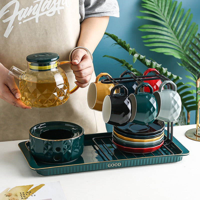 Afternoon Tea Set with Warmer – Glass Teapot & 6 Ceramic Cups