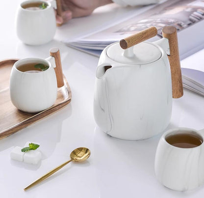 Porcelain Tea Set with Teapot, 4 Cups & Wood Tray