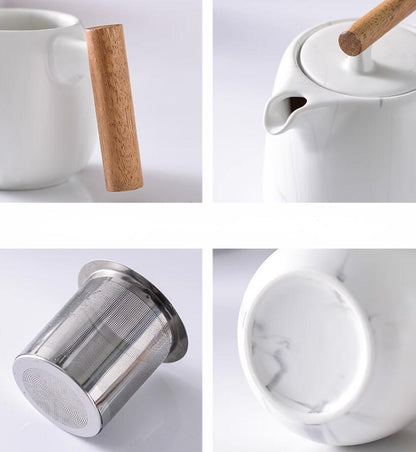 Porcelain Tea Set with Teapot, 4 Cups & Wood Tray