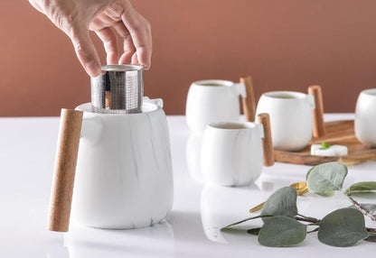 Porcelain Tea Set with Teapot, 4 Cups & Wood Tray
