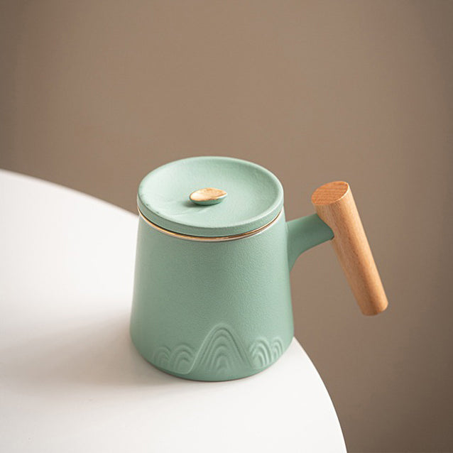 Tea Cup Japanese Mountain Ceramic Wooden Handle 330ml 3 Colors