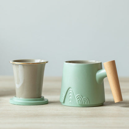 Tea Cup Japanese Mountain Ceramic Wooden Handle 330ml 3 Colors