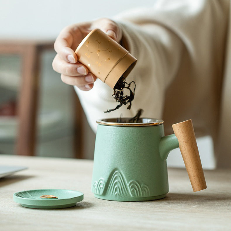 Tea Cup Japanese Mountain Ceramic Wooden Handle 330ml 3 Colors