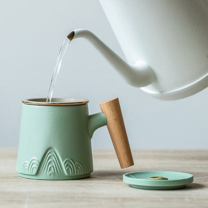 Tea Cup Japanese Mountain Ceramic Wooden Handle 330ml 3 Colors