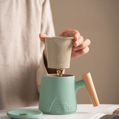 Tea Cup Japanese Mountain Ceramic Wooden Handle 330ml 3 Colors