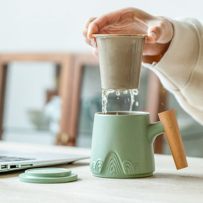 Tea Cup Japanese Mountain Ceramic Wooden Handle 330ml 3 Colors