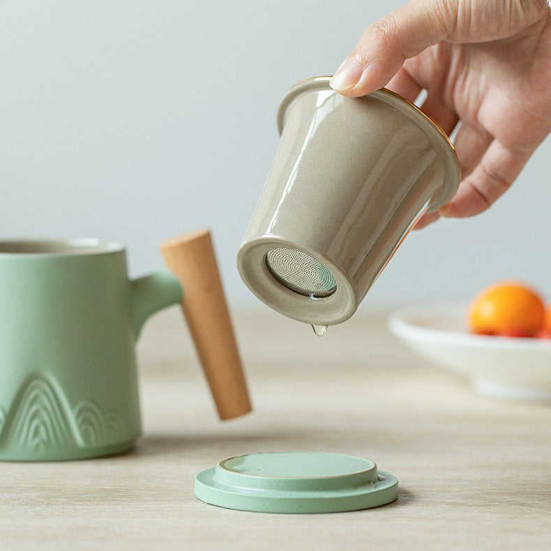 Tea Cup Japanese Mountain Ceramic Wooden Handle 330ml 3 Colors
