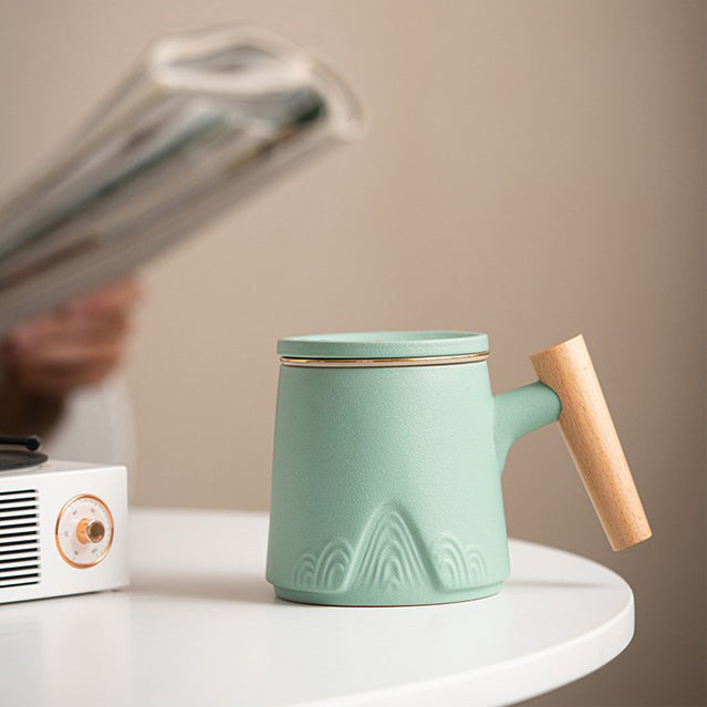 Tea Cup Japanese Mountain Ceramic Wooden Handle 330ml 3 Colors