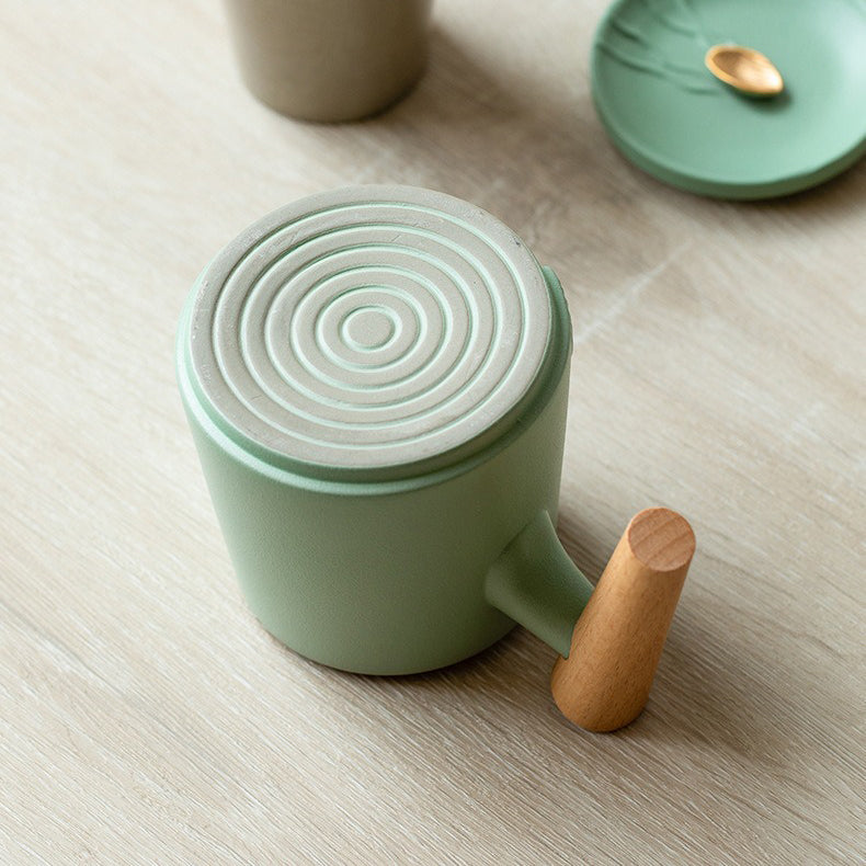 Tea Cup Japanese Mountain Ceramic Wooden Handle 330ml 3 Colors