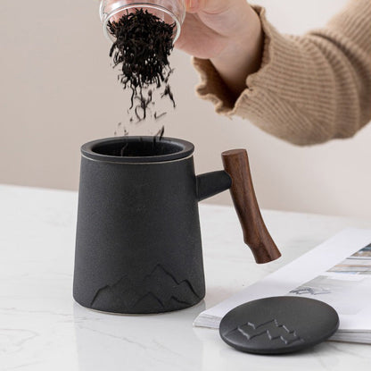Tea Cup Japanese Mountain Ceramic Wooden Handle 330ml 3 Colors