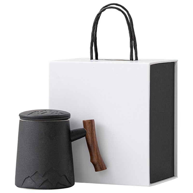 Tea Cup Japanese Mountain Ceramic Wooden Handle 330ml 3 Colors