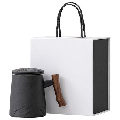 Tea Cup Japanese Mountain Ceramic Wooden Handle 330ml 3 Colors