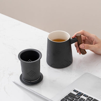 Tea Cup Japanese Mountain Ceramic Wooden Handle 330ml 3 Colors