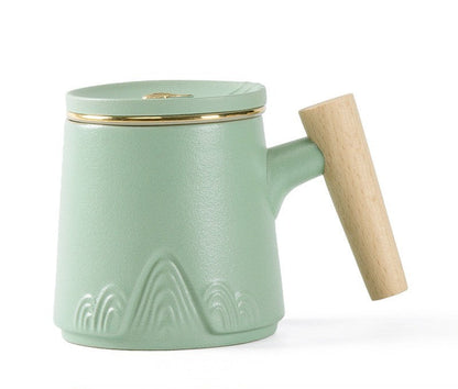 Tea Cup Japanese Mountain Ceramic Wooden Handle 330ml 3 Colors
