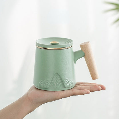 Tea Cup Japanese Mountain Ceramic Wooden Handle 330ml 3 Colors