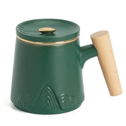 Tea Cup Japanese Mountain Ceramic Wooden Handle 330ml 3 Colors