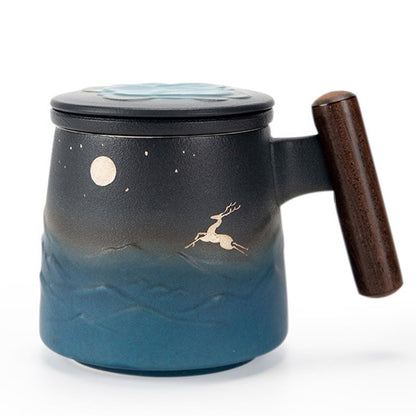 Tea Mug Japanese Sky Deer Coarse Pottery 350ml Ceramic Cup