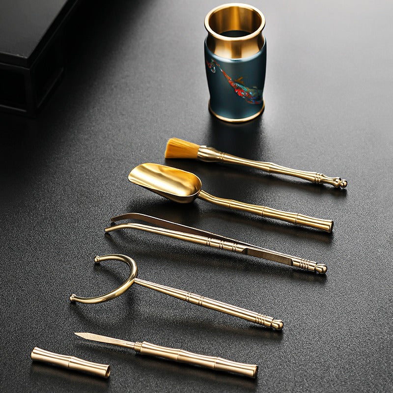 Gongfu Tea Ceremony Tool Set Copper Wood 6-Piece