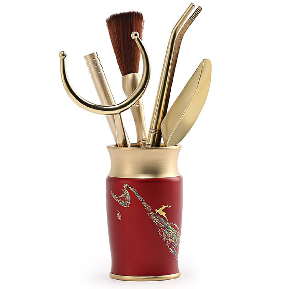 Gongfu Tea Ceremony Tool Set Copper Wood 6-Piece