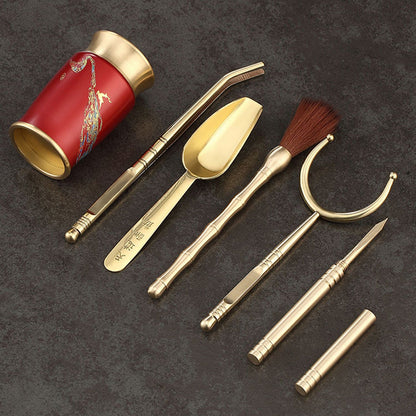 Gongfu Tea Ceremony Tool Set Copper Wood 6-Piece