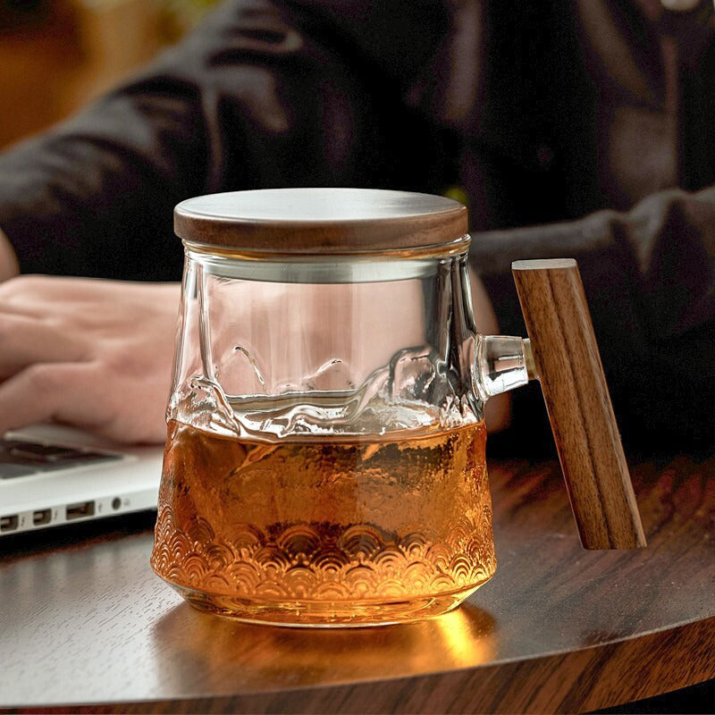 Borosilicate Glass Tea Mug Wood Lid & Handle