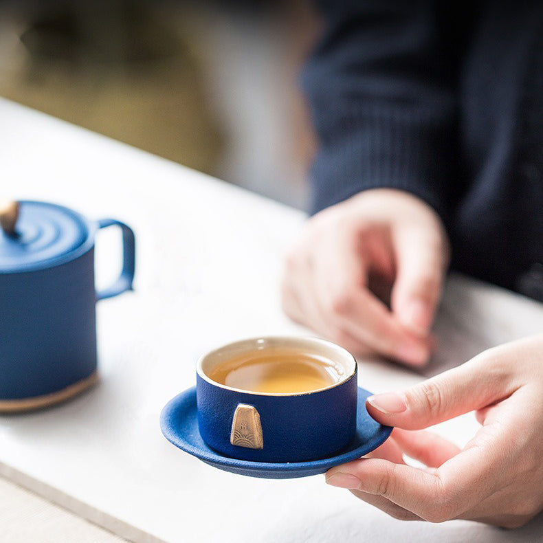 Dehua Ceramic Gongfu Tea Set 17-Piece | Blue Matte Gold Handle
