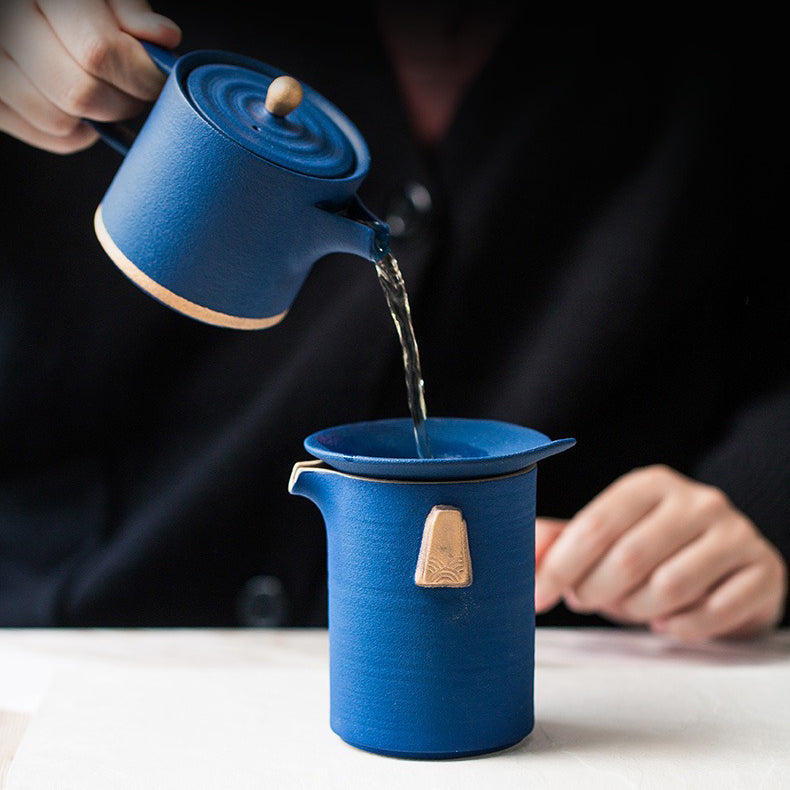 Dehua Ceramic Gongfu Tea Set 17-Piece | Blue Matte Gold Handle