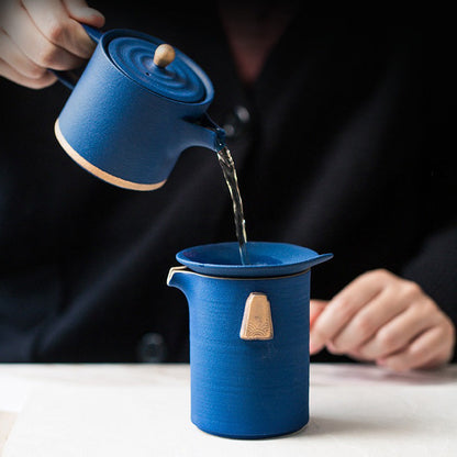 Dehua Ceramic Gongfu Tea Set 17-Piece | Blue Matte Gold Handle
