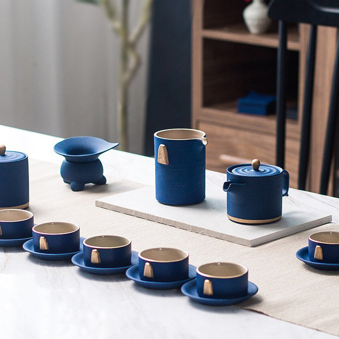 Dehua Ceramic Gongfu Tea Set 17-Piece | Blue Matte Gold Handle