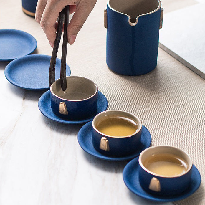 Dehua Ceramic Gongfu Tea Set 17-Piece | Blue Matte Gold Handle
