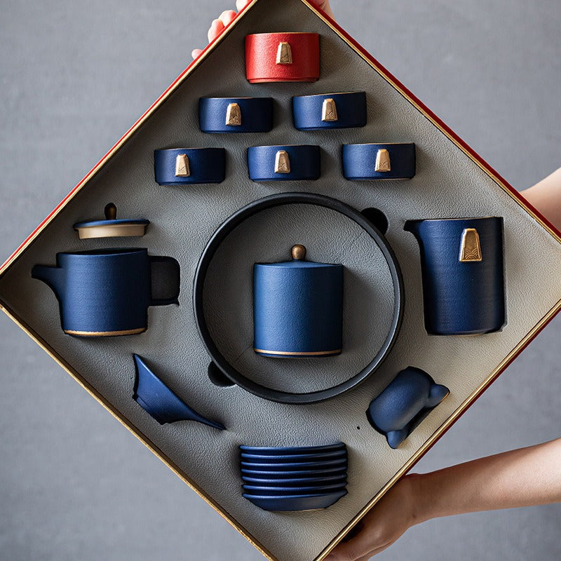 Dehua Ceramic Gongfu Tea Set 17-Piece | Blue Matte Gold Handle