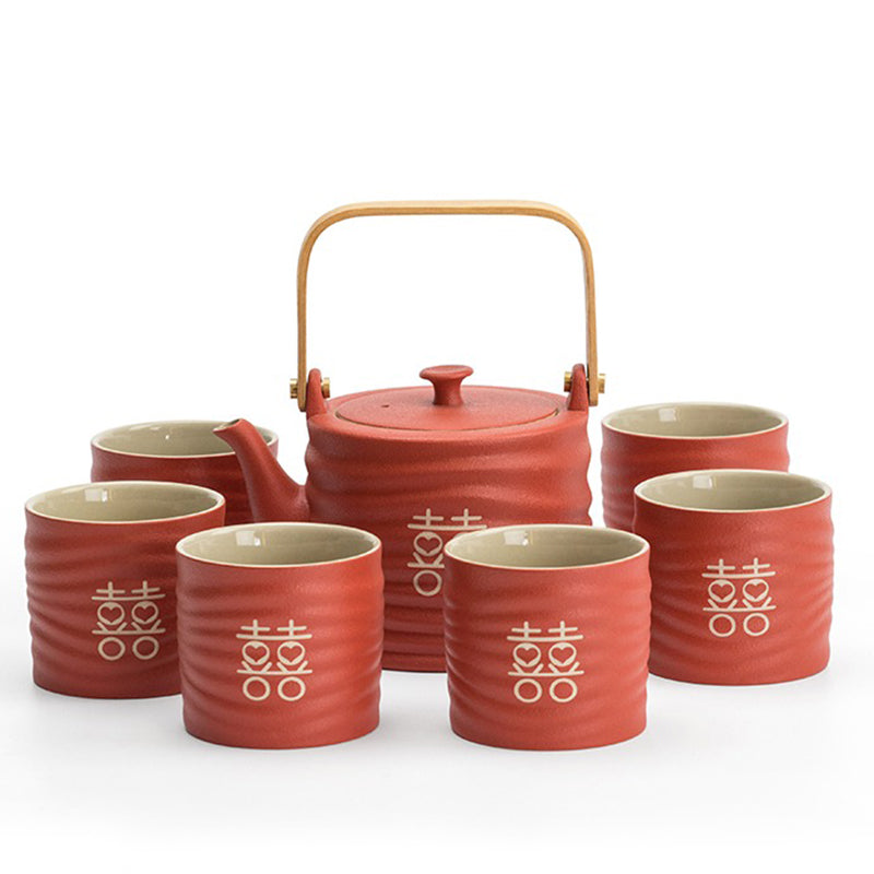 Wedding Tea Set Coarse Pottery Double Happiness 1 Pot 6 Cups