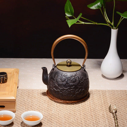 Cast Iron Peony Teapot Rose Gold Handle 1200ml Fe2+ Release