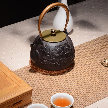 Cast Iron Peony Teapot Rose Gold Handle 1200ml Fe2+ Release