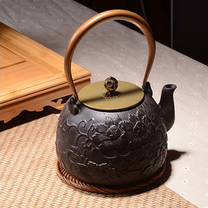 Cast Iron Peony Teapot Rose Gold Handle 1200ml Fe2+ Release