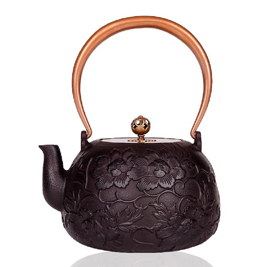 Cast Iron Peony Teapot Rose Gold Handle 1200ml Fe2+ Release