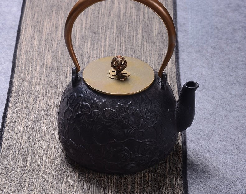 Cast Iron Peony Teapot Rose Gold Handle 1200ml Fe2+ Release
